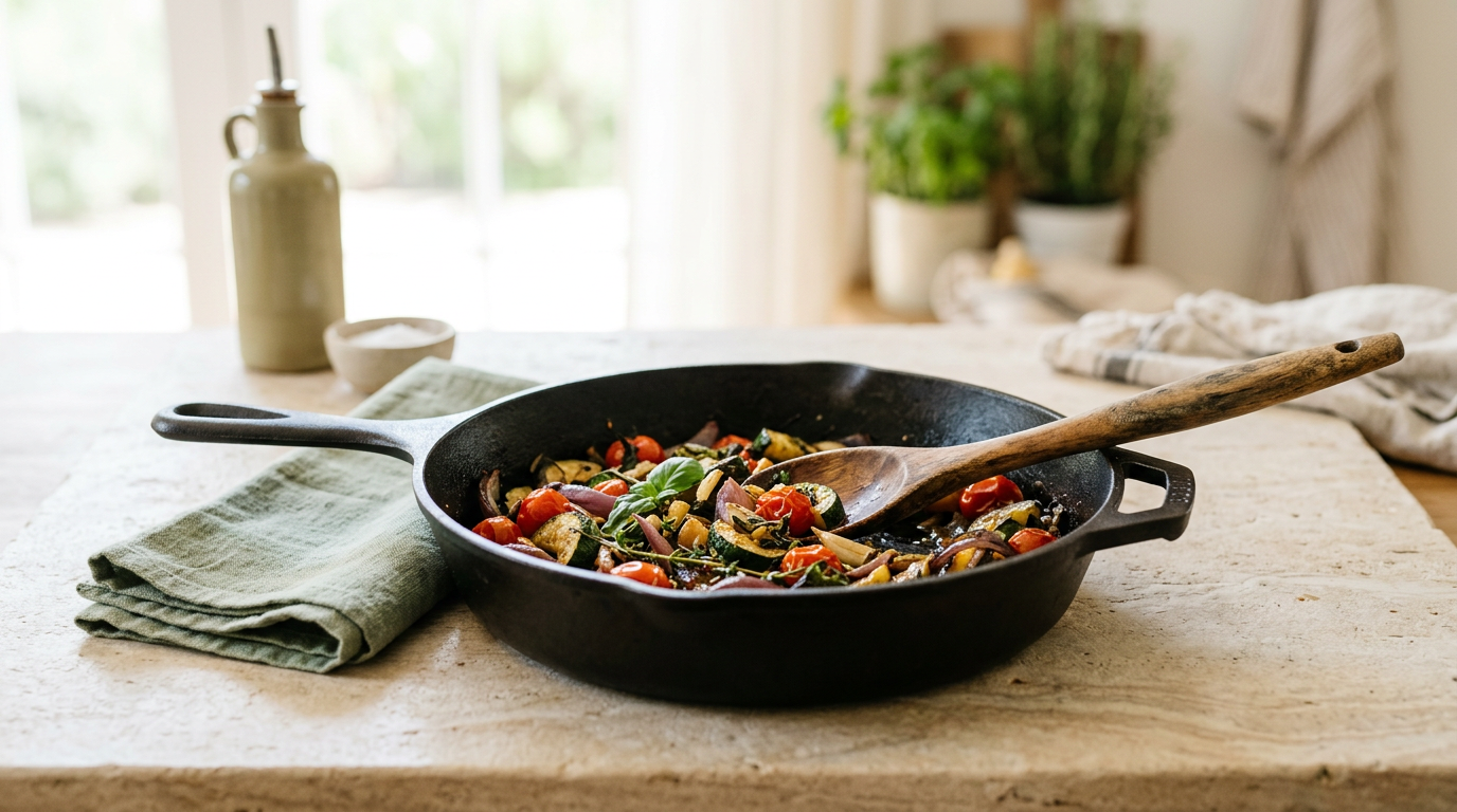 Illustrative cast iron cooking scene; not a verified Lodge product photo