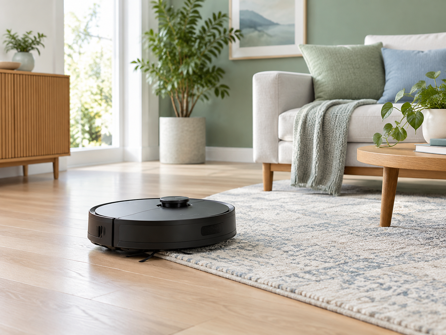 Illustrative home scene with a generic robot vacuum; not a Roborock product photo